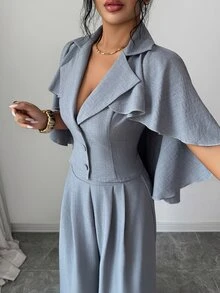 Elenzga Daily Commute Holiday Workplace Office Party Elegant Business Style Ruffle Cape Sleeve Lapel Cinched Waist Blazer Wide Leg Pants Set Solid Color Premium Gray Elegant Romantic - Grey - View 5