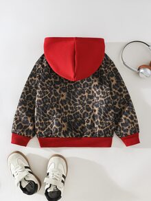 SHEIN 兒童小女孩數位印花對比色豹紋休閒寬鬆長袖連帽秋季衛衣 - 彩色 - 查看 2