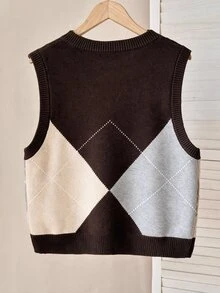 Modelyn Plus Size Women's Plaid Pattern Contrast Color Round Neck Sleeveless Knit Tank Top - Multicolor - View 2