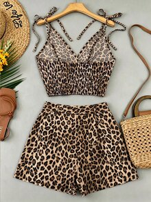 SHEIN Franclia Women's Ruched Back Camisole & Shorts Leopard Print Casual Set - Brown - View 2