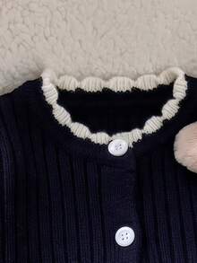 SHEIN Set Kardigan Rajut & Celana Bayi Perempuan Warna Biru Navy dengan Aksen Kontras dan Rumbai, Outfit Sweater 2 Potong Bergaya - MultiWarna - View 3