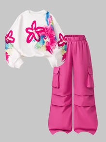 SHEIN Sparklyn 青少年女孩花卉數位印花衛衣與工裝褲兩件套，街頭風寬鬆套頭上衣搭配翻蓋口袋寬腿休閒運動套裝 - 彩色 - 查看 3