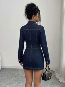 Elenzga Women's Collared Casual Daily Summer Denim Dress - Dark Wash - View 2
