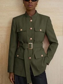 Aveloria Modichic Small Stand Collar Tweed Single-Breasted Metal Button Decor Belted Utility Jacket - Green - View 3