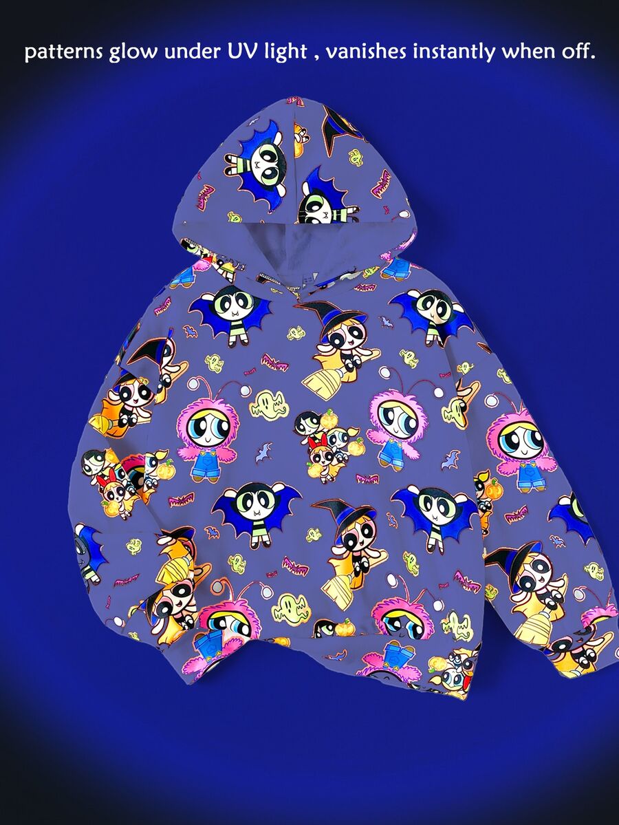 THE POWERPUFF GIRLS X SHEIN 1件青少年女孩休閒百搭彩色卡通圖案連帽寬鬆長袖衛衣,適合日常穿著、秋冬室內運動、攝影、節慶生日 - 彩色 - 查看 1