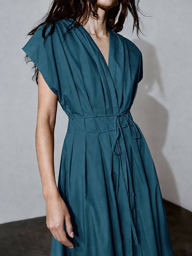 MOTF PREMIUM SPRING/SUMMER 100% COTTON DEEP V-NECK MIDI DRESS, URBAN DAILY & DATING - Teal Blue - View 5