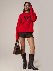 MUSERA Graphic Slogan Knit Drop Shoulder Fluffy Sweater Jumpsuit, Spring Casual Daily Wear For Girls, Cute Sweet Pea Spring Style - Red - View 5