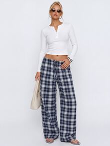 Avantive Women's Plaid Pattern Loose Casual Long Pants - Navy Blue - View 6