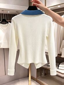 GlowEve Women's Fashion Ribbed Knit Denim Collar Patchwork Slim Fit Cropped Cardigan - White - View 2