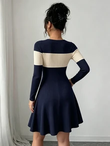 Elenzga 黑色杏色圓領長袖羅紋針織收腰顯瘦傘擺短裙性感女裝洋裝 - 藏蓝色 - 查看 2