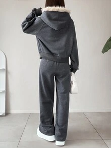 FRIFUL Women's Plush Patchwork Zip-Up Hoodie & Long Casual Daily Two Pieces Set - Grey - View 7