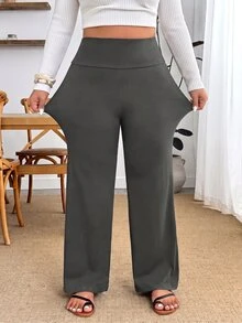 SHEIN PETITE CURVE 大尺碼女款純色高腰長褲，極簡日常穿搭，適合約會、度假、派對、日常外出、聚會、戶外活動 - 灰色 - 查看 5