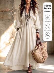 Breezaya Casual Boho Vacation V-Neck Long Sleeve Beige Women's Dress - Beige - View 3