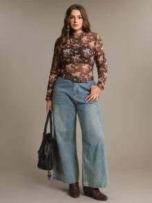 Freevana Plus Size Women Vintage Floral Print Frill Trim Blouse - Brown - View 5