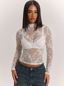 SHEIN BAE جمبسوت نسائي بأكمام طويلة مزين بالدانتيل المحبوك بلون أبيض سادة للخريف والشتاء - أبيض - مشاهدة 6