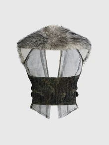 ROMWE Hippie Women's Plush Patchwork Buckle Design Casual Versatile Denim Top - Army Green - View 2