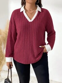 Glimmora Fashionable Vintage Casual White Basic T-Shirt With Contrast Burgundy Collar And Cuffs Plus Size - Multicolor - View 5