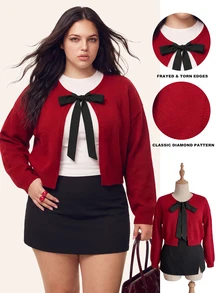 Comfortcana Women's Plus Size Round Neck Long Sleeve Cardigan - Burgundy - View 1