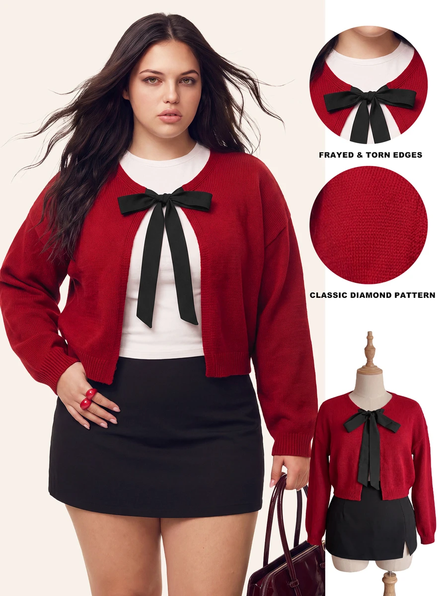 Comfortcana Women's Plus Size Round Neck Long Sleeve Cardigan - Burgundy - View 1