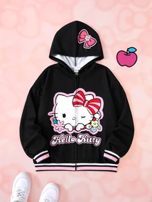 HELLO KITTY AND FRIENDS | SHEIN Jaket Berkerudung dengan Resleting Bergambar Kartun untuk Remaja Perempuan - Hitam - View 1