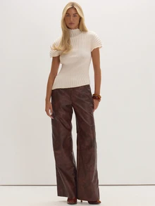 MUSEYN Cream Ribbed Knit High Neck Asymmetric Top Timeless Date Night New Season Fall - Apricot - View 2