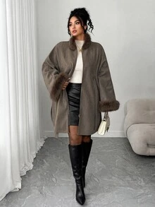 Modelyn Plus Size Vintage Faux Fur Collar Zipper Tie Coat For Vacation - Coffee Brown - View 6