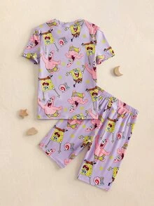 SpongeBob SquarePants | SHEIN Tween Girls Allover Print Cartoon Round Neck Short Sleeve & Shorts Loungewear Set - Purple - View 2