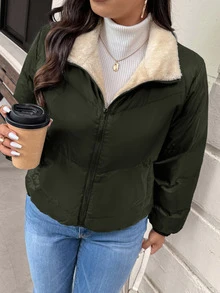 SHEIN Frenchy 大尺碼女款保暖內裡拉鍊口袋長袖加厚外套 冬季 - 軍綠色 - 查看 2