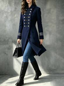 SHEIN معطف طويل بأسلوب عسكري بريطاني عتيق مع شريط زخرفي، أزرار فضية متعددة الصفوف، معطف تنقل متعدد الاستخدامات بخصر مشدود - أزرق بحري - مشاهدة 5