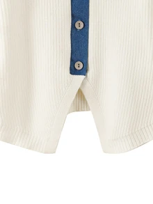 GlowEve Women's Fashion Ribbed Knit Denim Collar Patchwork Slim Fit Cropped Cardigan - White - View 4