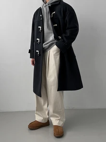 DAZY Autumn/Winter Navy Blue Wool Fabric Loose Cuff Adjustable Over-The-Knee Length Horn Button Placket With Hidden Metal Snap Inner Layer Matching Lining Korean Style Overcoat For Men - Navy Blue - View 5