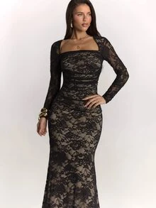 SHEIN BAE Women's Square Neck Lace Top And Lace Long Skirt Elegant Set - Black - View 6