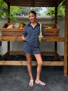 Muchica Women's Casual Comfortable Navy Blue & Blue Colorblock Collared Short Sleeve Top And Shorts 2 Pieces Set - Blue - View 4