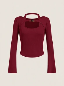 SHEIN EZwear 女款秋冬 Y2K 羅紋針織二合一連身衣喇叭袖長袖上衣 - 酒紅色 - 查看 3