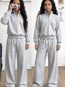 SHEIN Tween女孩 2件組 半拉鍊寬鬆運動衫與休閒寬腿運動長褲套裝，返校季秋冬極簡運動套裝穿搭 - 深灰色 - 查看 2