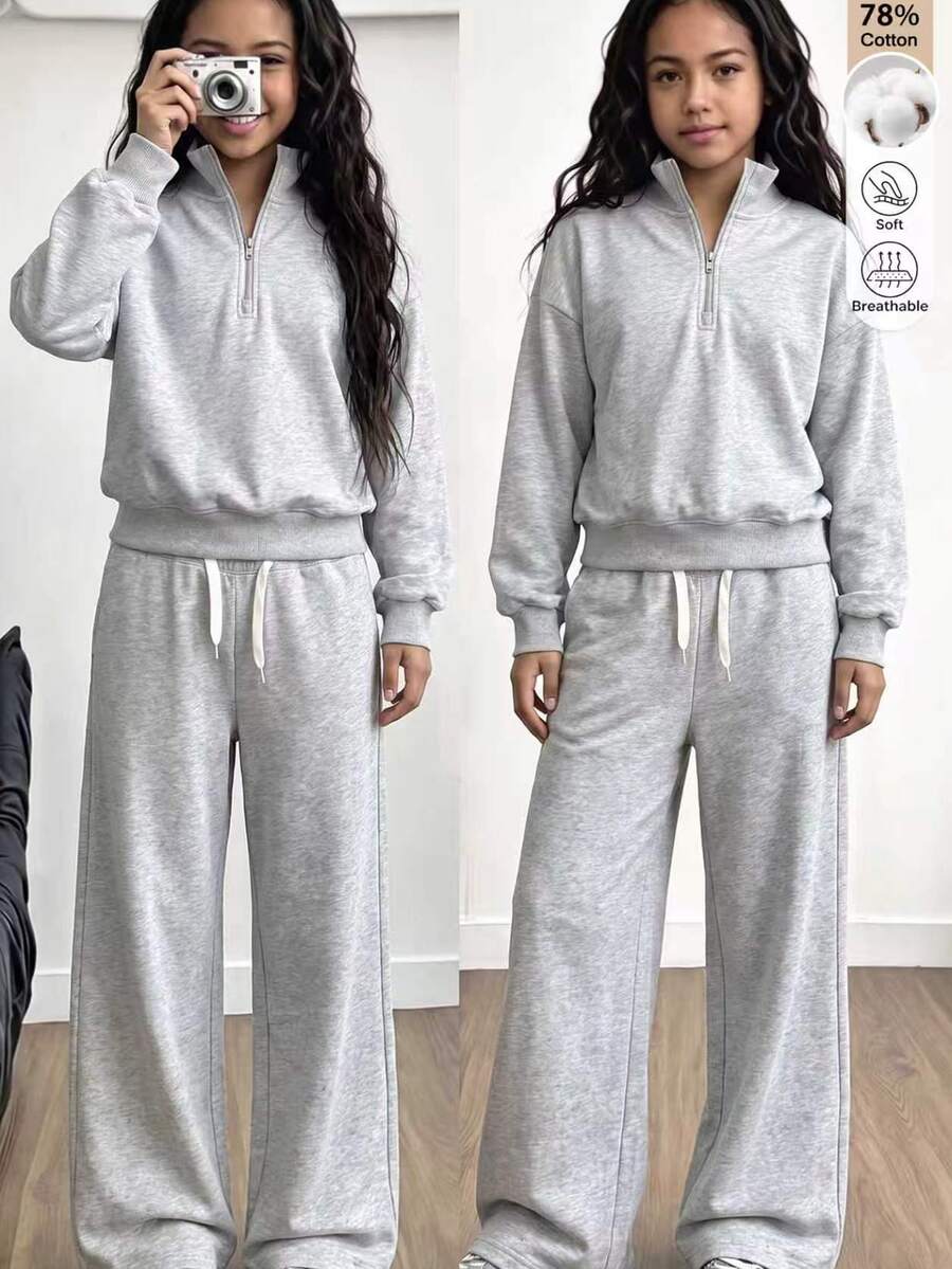 SHEIN Tween女孩 2件組 半拉鍊寬鬆運動衫與休閒寬腿運動長褲套裝，返校季秋冬極簡運動套裝穿搭