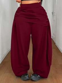 Maweii Women's Plus Size Vacation Ruched Waist Patchwork High Waist Wide Leg Pants Fall - Burgundy - View 1