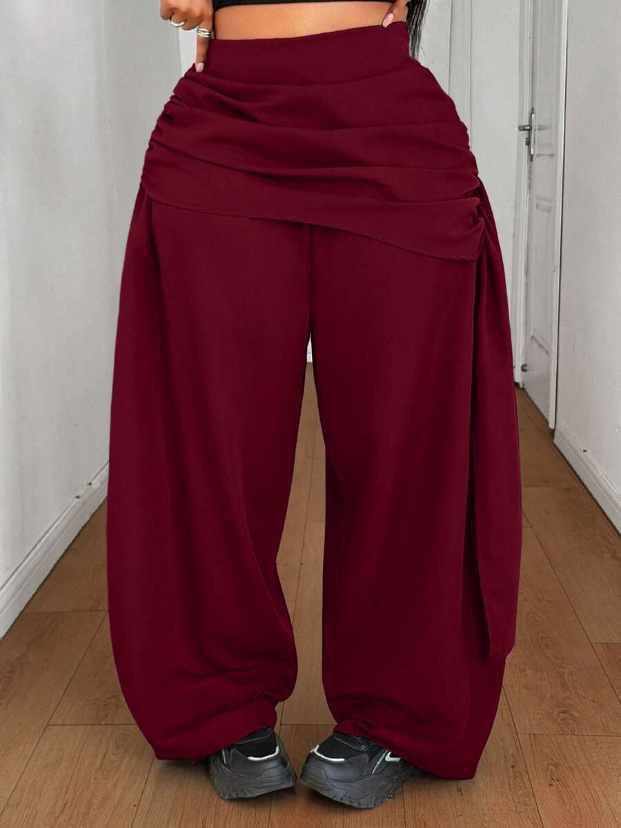Maweii Women's Plus Size Vacation Ruched Waist Patchwork High Waist Wide Leg Pants Fall - Burgundy - View 1
