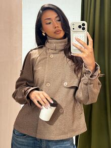 COSMINA Women's Solid Color High Neck Button Decor Dual Pocket Long Sleeve Regular Fit Jacket - Multicolor - View 1