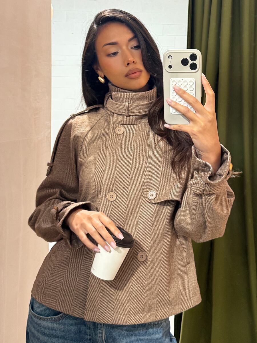 COSMINA Women's Solid Color High Neck Button Decor Dual Pocket Long Sleeve Regular Fit Jacket - Multicolor - View 1
