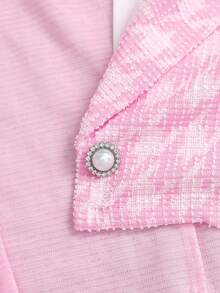 Sweetra American Style Commuter Girl Two Pieces Set, Stand Collar 2 In 1 Design Outerwear With Unique Pleated Slimming Textured Fabric Skirt, Early Autumn Bright Color Fashion Women's Two Pieces Set - Pink - View 6