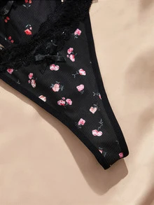 Charlaine Romantic Lace Ditsy Floral Elegant Flower Thong Panties 5pcs Set - Multicolor - View 3
