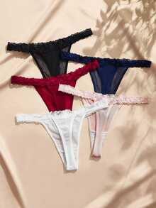 Charlaine French Romantic Lace Contrast Mesh Thong Panties Set Of 5 - Multicolor - View 2