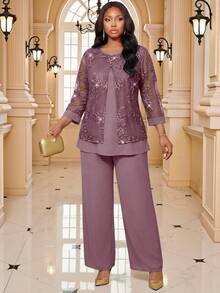 Fleurora Plus Size Suit Sets - Dusty Pink - View 3