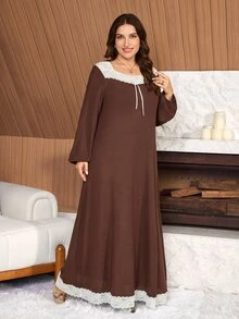 Lacomfia Plus Size Women Loose Casual A-Line Square Neck Short Sleeve Textured Knit Contrast Lace Contrast Color Bowknot Autumn Long Dress - Brown - View 4