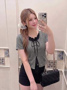 Bijouette Zanying Summer Plus Size Black And White Casual Elegant Sexy 2 In 1 Top Contrast Color Frill Trim Patchwork Polka Dot Inner Design Birthday - Grey - View 12