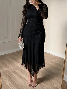 Modelyn Plus Size Women Black Lace Round Neck Long Sleeve Side Ruched Asymmetric Hem Fitted Midi Dress Dark Coquette Fall Halloween Night Out Party Evening - Black - View 4