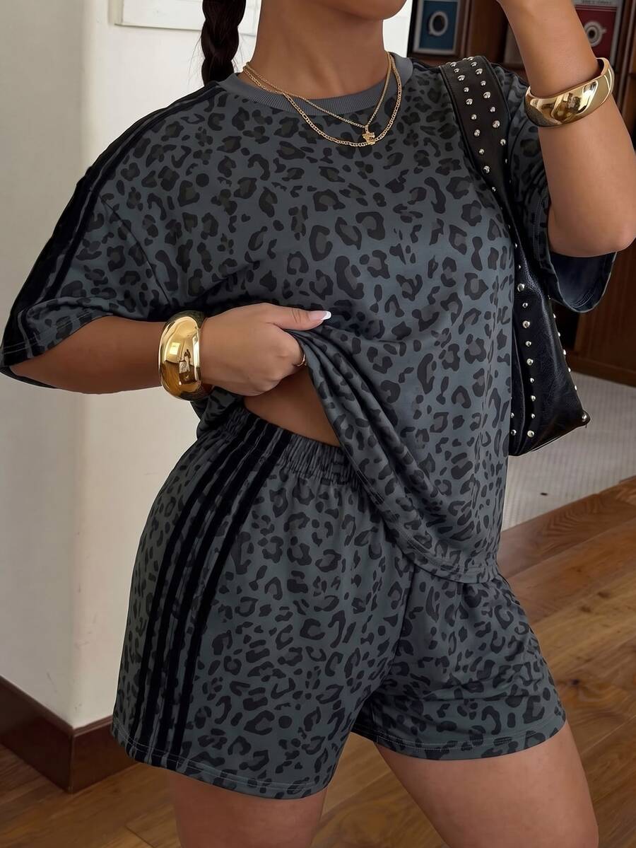 Muchica Plus Size Women Dark Gray Leopard Print Crew Neck Short Sleeve Top And Side Stripe Shorts Casual 2 Pieces Set - Dark Grey - View 1