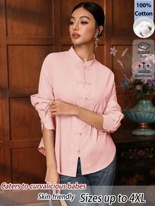 EastFlair Kemeja Wanita Ukuran Besar dengan Kerah Tegak dan Kancing Model Katak untuk Perjalanan Musim Gugur - Berwarna merah muda - View 6