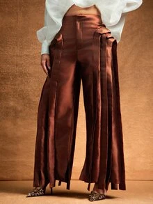 Vixey Structural Satin Wide Leg Trousers, Elegant Party, Dinner Date, Statement Pants, Holiday, Event Dressing - Brown - View 1